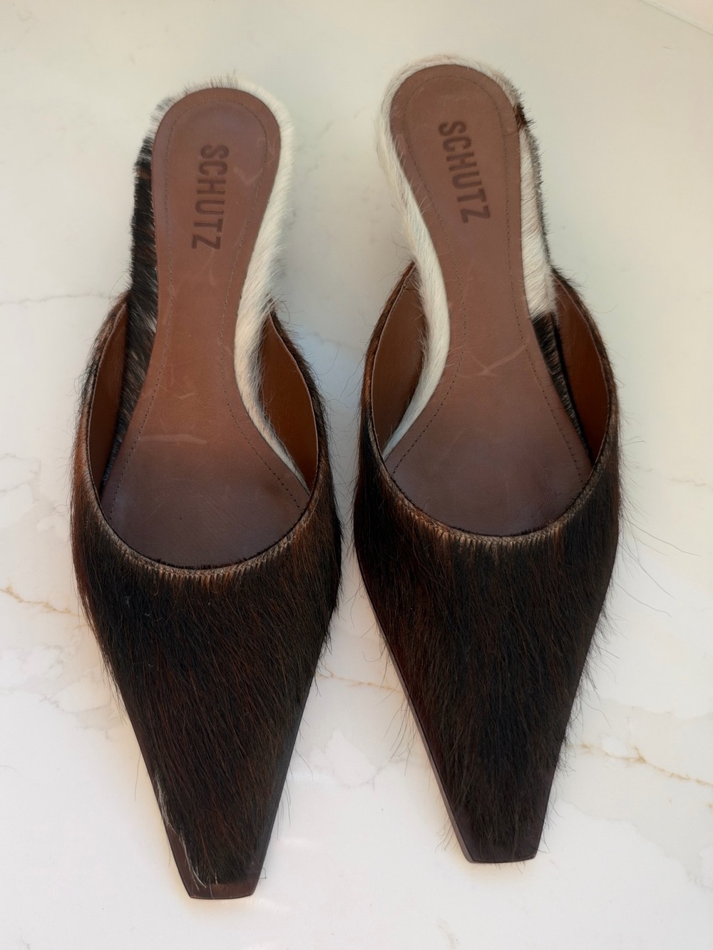 SCHUTZ Daria Brown and White Haircalf Pointed Mule Slides